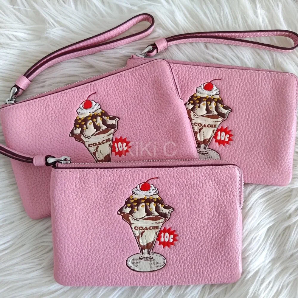 Coach Corner Zip Wristlet With Sundae Graphic CU254 pink ice cream